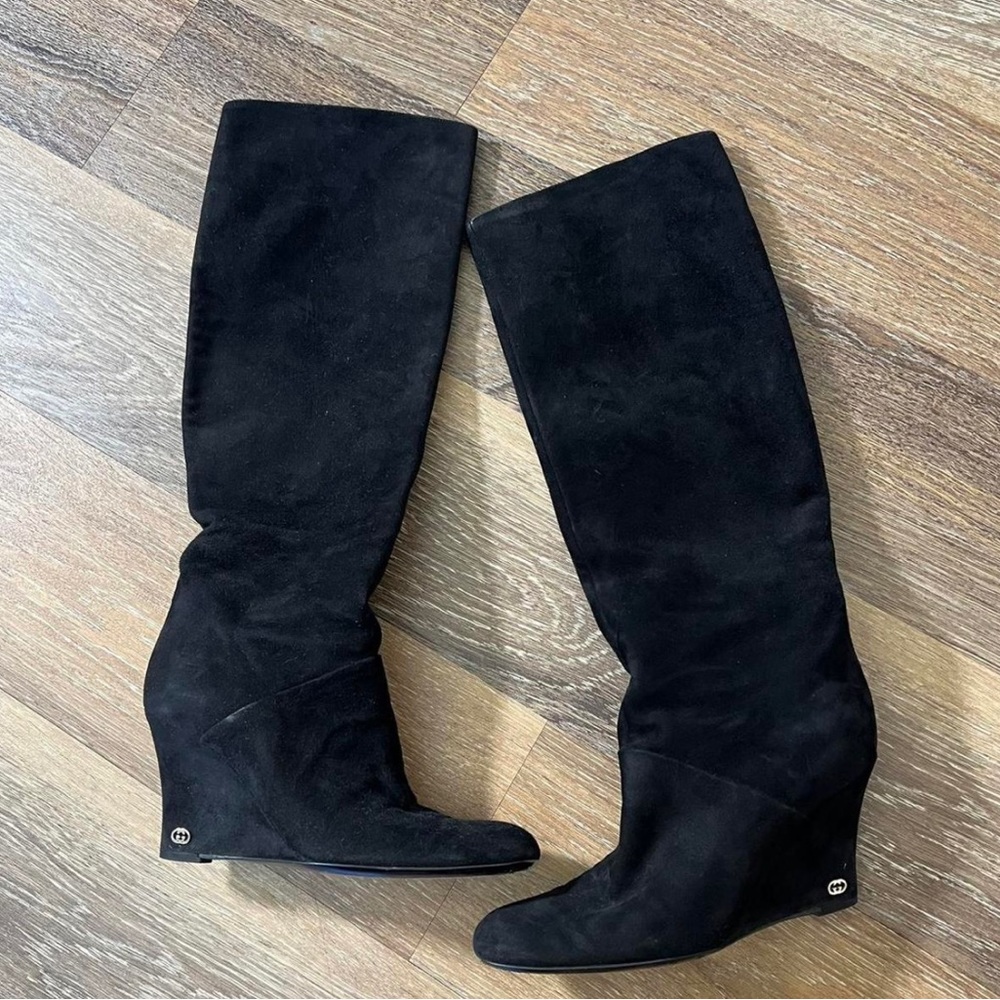 Gucci Suede Wedge Tall Knee High Boots